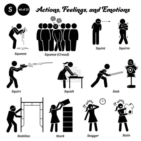 Ilustración de Stick figure human people man action, feelings, and emotions icons alphabet S. Squeeze, crowd, squint, squirm, squirt, squish, stab, stabilize, stack, stagger, and stain. - Imagen libre de derechos