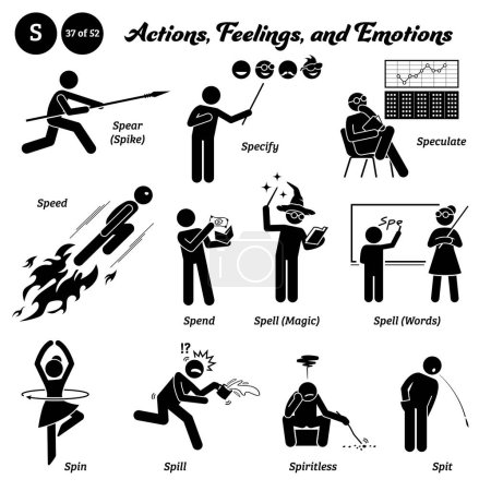 Téléchargez les illustrations : Stick figure human people man action, feelings, and emotions icons alphabet S. Spear, spike, specify, speculate, speed, spend, spell, magic, words, spin, spill, spiritless, and spit - en licence libre de droit