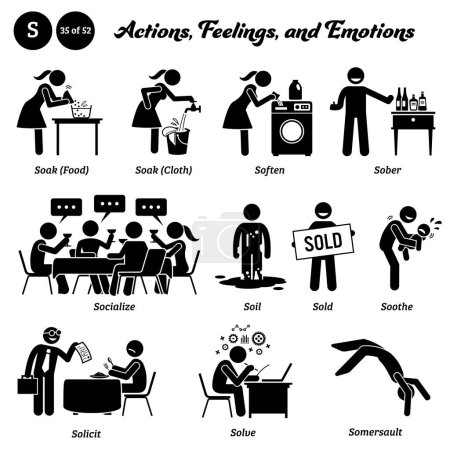 Illustration for Stick figure human people man action, feelings, and emotions icons alphabet S. Soak, food, cloth, soften, sober, socialize, soil, sold, soothe, solicit, solve, and somersault - Royalty Free Image