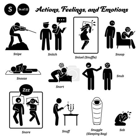 Stick figure human people man action, feelings, and emotions icons alphabet S. Snipe, snitch, snivel, snuffle, snoop, snooze, snort, snub, snore, snuff, snuggle, sleeping bag, and sob