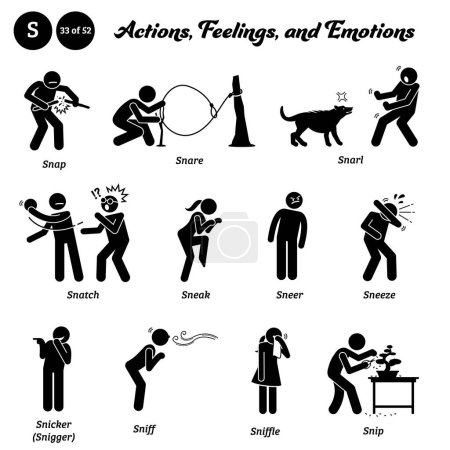 Illustration for Stick figure human people man action, feelings, and emotions icons alphabet S. Snap, snare, snarl, snatch, sneak, sneer, sneeze, snicker, snigger, sniff, sniffle, and snip - Royalty Free Image