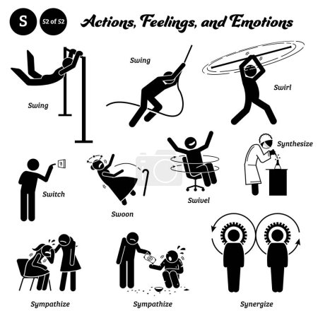 Illustration for Stick figure human people man action, feelings, and emotions icons alphabet S. Swing, swirl, switch, swoon, swivel, synthesize, sympathize, and synergize. - Royalty Free Image