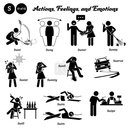 Illustration for Stick figure human people man action, feelings, and emotions icons alphabet S. Swat, sway, swear, sweep, sweat, sweaty, swell, swerve, swill, swim, and swipe. - Royalty Free Image
