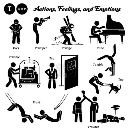 Illustration for Stick figure human people man action, feelings, and emotions icons alphabet T. Trudge, trumpet, tuck, tune, trundle, try, tumble, tug, trust, and trounce. - Royalty Free Image