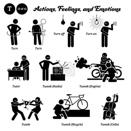Stick figure human people man action, feelings, and emotions icons alphabet T. Turn, turn off, turn on, tutor, tweak, radio, engine, bicycle, cello, and tussle