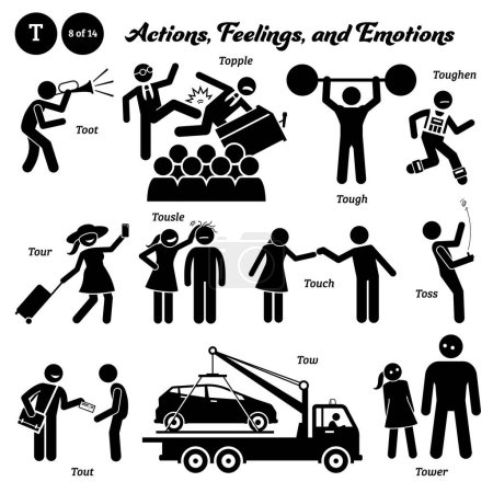 Stick figure human people man action, feelings, and emotions icons alphabet T. Toot, topple, tough, toughen, tour, tousle, touch, toss, tout, tow, and tower