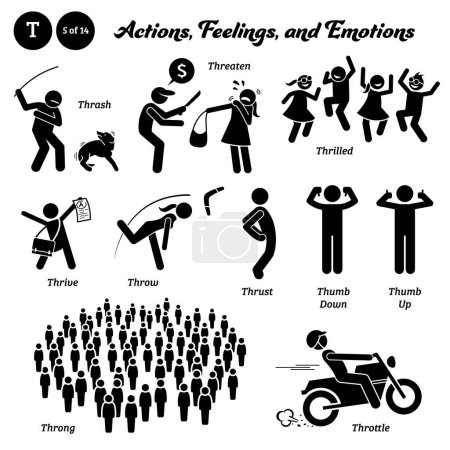 Stick figure human people man action, feelings, and emotions icons alphabet T. Thrash, threaten, thrilled, thrive, throw, thrust, thumb down, thumb up, throng, and throttle.