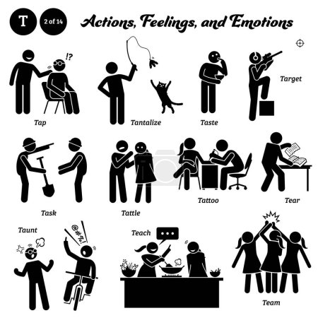 Illustration for Stick figure human people man action, feelings, and emotions icons alphabet T. Tap, tantalize, taste, target, task, tattle, tattoo, tear, taunt, teach, and team - Royalty Free Image