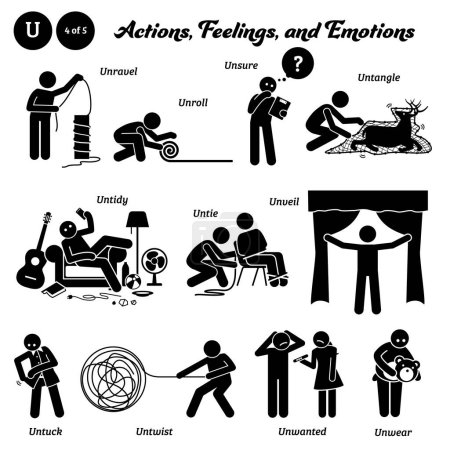 Illustration for Stick figure human people man action, feelings, and emotions icons alphabet U. Unravel, unroll, unsure, untangle, untidy, untie, unveil, untuck, untwist, unwanted, and unwear. - Royalty Free Image