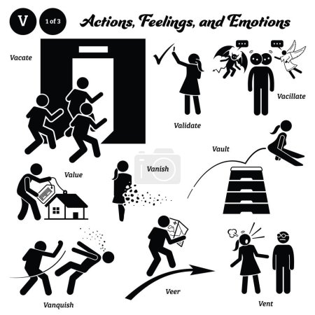 Illustration for Stick figure human people man action, feelings, and emotions icons alphabet V. Vacate, validate, vacillate, value, vanish, vault, vanquish, veer, and vent - Royalty Free Image