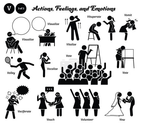 Illustration for Stick figure human people man action, feelings, and emotions icons alphabet V. Visualize, vitalize, vituperate, vomit, volley, vocalize, vote, vociferate, vouch, volunteer, and vow - Royalty Free Image