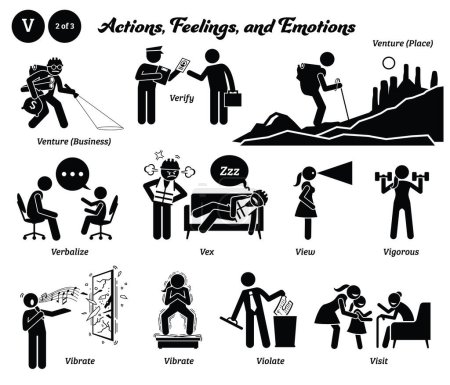 Stick figure human people man action, feelings, and emotions icons alphabet V. Venture, business, place, verify, verbalize, vex, view, vigorous, vibrate, violate, and visit