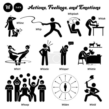Illustration for Stick figure human people man action, feelings, and emotions icons alphabet W. Whine, whip, whiplash, whisk, whirl, whistle, whisper, whittle, whoop, wide, and wield. - Royalty Free Image