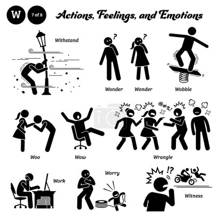 Figura de palo humano hombre acción, sentimientos y emociones iconos alfabeto W. Resistir, maravillarse, tambalearse, woo, wow, forcejear, trabajo, preocupación, y testigo. 