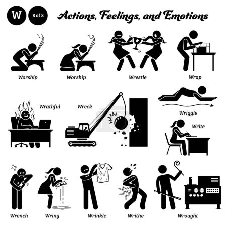 Illustration for Stick figure human people man action, feelings, and emotions icons alphabet W. Worship, wrestle, wrap, wrathful, wreck, wriggle, write, wrench, wring, wrinkle, writhe, and wrought. - Royalty Free Image