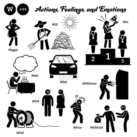 Stick figure human people man action, feelings, and emotions icons alphabet W. Wiggle, wilt, win, wish, wipe, withdraw, wind, wink, wince, and withhold.