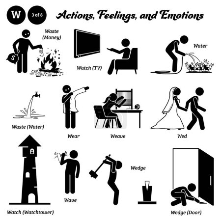 Illustration for Stick figure human people man action, feelings, and emotions icons alphabet W. Waste, money, water, watch, watchtower, TV, wear, weave, wed, wave, wedge, and door. - Royalty Free Image
