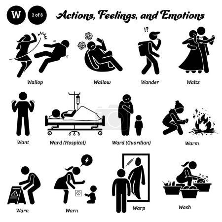 Illustration for Stick figure human people man action, feelings, and emotions icons alphabet W. Wallop, wallow, wander, waltz, want, ward, hospital, guardian, warm, warn, warp, and wash. - Royalty Free Image