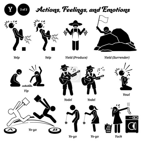 Illustration for Stick figure human people man action, feelings, and emotions icons alphabet Y. Yelp, yield, produce, surrender, yip, yodel, yowl, yo-yo, and yuck. - Royalty Free Image