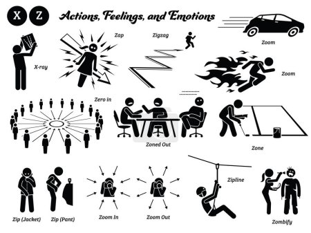 Illustration for Stick figure human people man action, feelings, and emotions icons alphabet Z. X-ray, zap, zigzag, zoom, zero in, zoned out, zone, zip, jacket, pant, zoom in, zoom out, zipline, and zombify. - Royalty Free Image