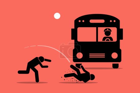 Illustration for Throw someone under the bus. Vector illustrations clip art depicts concept of betrayal, sacrificial, exploitation, blame, undermine, vilify, and scapegoat. - Royalty Free Image