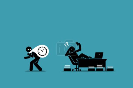 Illustration for Procrastination is the thief of time. Vector illustrations clip art depicts concept of laziness, wasting time, delay, postpone, lazy, unproductive, and deadline. - Royalty Free Image