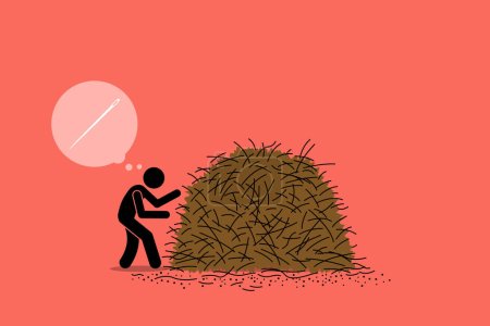 Finding a needle in a haystack. Vector illustrations clip art depicts concept of difficult task, impossible mission, hidden gem, challenging job, and extreme effort. 