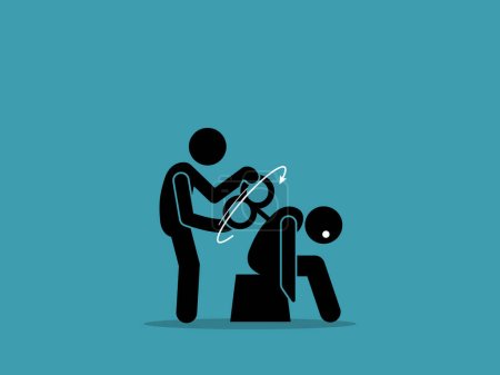 A person turning a wind up toy key crank on a tired man back. Vector illustrations clip art depicts concept of power up, booster, tired, idle, stimulus, and recharge energy.