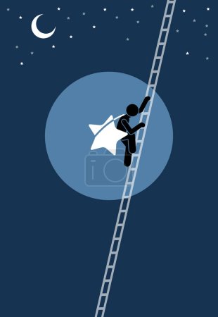 Persona que sube por una larga escalera después de tomar con éxito una estrella del cielo. La ilustración vectorial representa el concepto de realización, éxito, determinación, ambición, viaje, aventura y sueño.