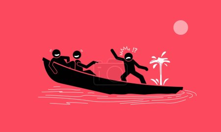 Ilustración de Two person laughing at another man calling for help, while their same boat is leaking water and sinking. Vector illustrations concept  depict ignorant, foolish, naive, stupid, simple minded dumb. - Imagen libre de derechos