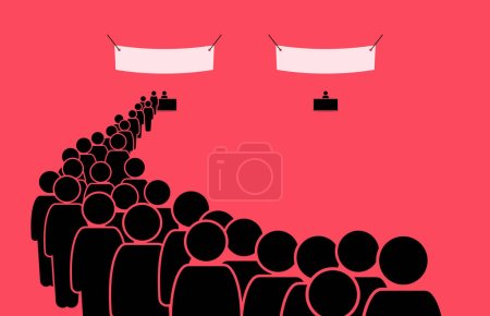 Illustration for Contrasting seller scenes. One shop with overflowing demand and long queue, while another is idle and has no business. Vector illustration depict concept of demand, popular, buzz, success and failure. - Royalty Free Image