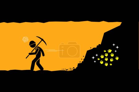 Illustration for Miner give up and fed up after almost digging and reaching to the gold or treasure in the underground tunnel. Vector illustration depicts concept of failure, lost opportunity, unlucky, and impatient. - Royalty Free Image
