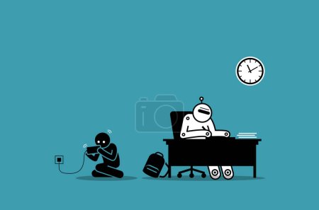 Illustration for Student use AI artificial intelligence robot to do his school homework while being lazy. Vector illustration concept of technology issue, cheating, reliance on AI, plagiarism and education setback. - Royalty Free Image