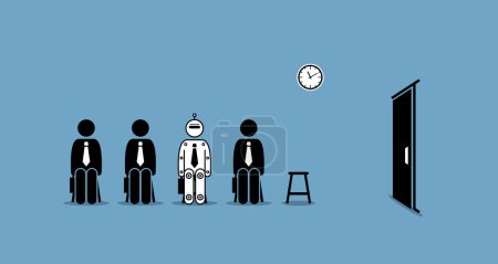 Robot at job interview competing with human for work in technological revolution. Vector illustrations depict concept of future technology and artificial intelligence replacing mankind at workplace.