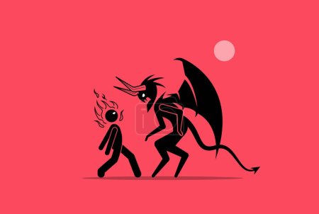 Illustration for Face your demon. Man confront his fear and facing up against the demon. Vector illustrations concept of confident, bravery, fearless, withstand challenges, and unafraid of the devil. - Royalty Free Image