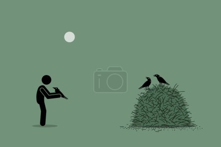 Un pájaro en la mano vale dos en el arbusto. La ilustración vectorial representa el concepto de apreciación, valor, gratitud, sabiduría, gratitud y juicio. 