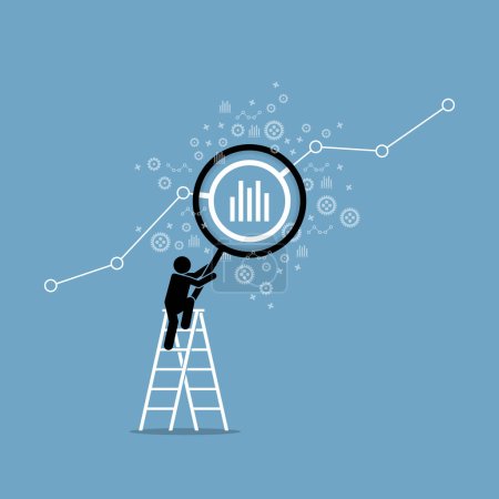 Illustration for Businessman climbing a ladder with a big magnifier checking financial data chart and analyze technical analysis. Vector illustration depicts concept of financial investment, research, and business. - Royalty Free Image