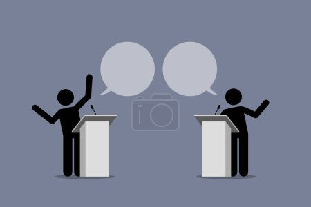 Deux orateurs débattent et se disputent sur un podium. L'illustration vectorielle représente le concept d'argument, le point de vue politique, le désaccord, la discussion, les différentes opinions et la présentation.. 