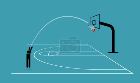 Illustration for Man shooting a basketball from three point line into a hoop and score 3. Vector illustration depicts concept of accurate, precise, skillful, objective, focus, concentrate and practice makes perfect. - Royalty Free Image