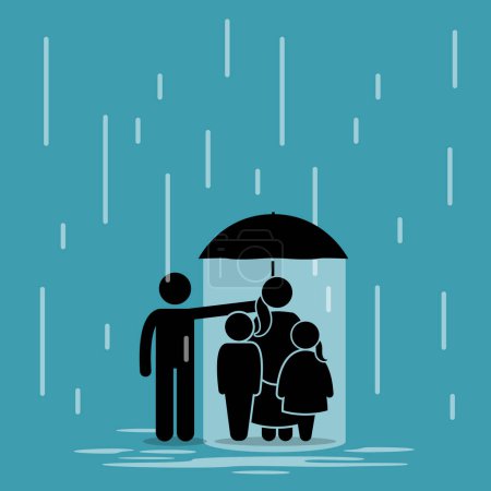 Der Vater hielt einen Regenschirm in der Hand, der seine Familie vor Regen schützte, während er sich draußen nass opferte. Vektor-Illustration zeigt Konzept der Liebe, des Opfers, der Hingabe, des Beschützers und der Fürsorge.