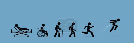 Illustration for A sick injured person recover and regain his health after step by step rehabilitation and health improvement.  Vector illustration depicts concept of healing, healthy again, and getting better. - Royalty Free Image