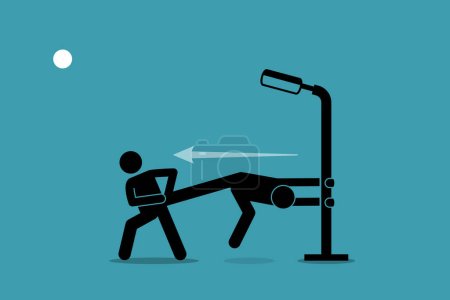 Illustration for Man pulling and forcing someone to go, but he refused and grabbing himself to the lamp post. Vector illustration depicts concept of stubborn, unwilling, persistent, resolute, forceful, and hard sell. - Royalty Free Image