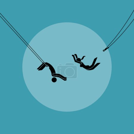 Dos trapecistas actuando en acrobacias de circo aéreo. La ilustración vectorial describe el concepto de confianza, confiabilidad, confianza, creencia, confianza, compromiso y fe. 