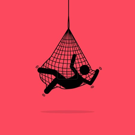 Man caught in a net trap and hung up. Vector illustration depicts concept of trap, tangled, problem, helpless, restrained, tricked, crisis, and entangled. 