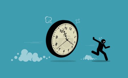 Hombre persiguiendo por el tiempo del reloj y huyendo. Ilustración vectorial representa el concepto de plazos, fechas de vencimiento, tarde, holgura, procrastinar, impuntual, y no suficiente tiempo. 
