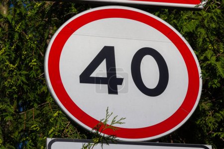 Photo for Traffic Road Signs. Speed limit traffic sign against green leaves. - Royalty Free Image