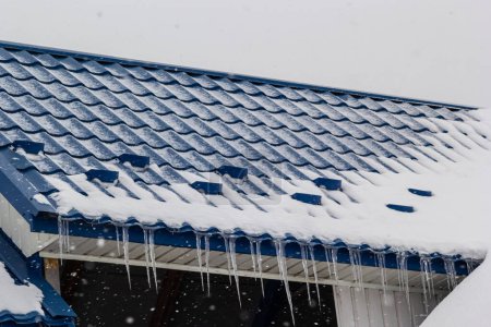 Snow on the roof of a red, brown metal tile of a European house.