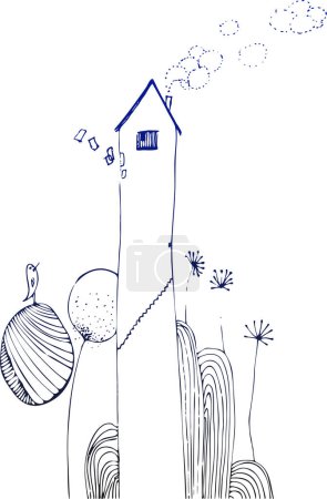 Ilustración de Simple garabato casa de campo de arte. Ilustración abstracta de vectores de vivienda de madera dibujada a mano con pájaros, cerca de nubes. Ilustración vectorial en blanco y negro en estilo de contorno. - Imagen libre de derechos