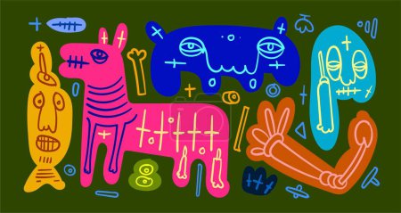Téléchargez les illustrations : Illustration abstraite vectorielle d'art de doodle coloré animal et humain pour le design d'été - en licence libre de droit
