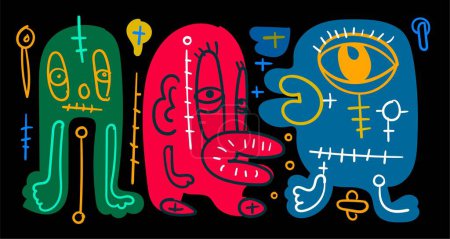 Téléchargez les illustrations : Illustration abstraite vectorielle d'art de doodle coloré animal et humain pour le design d'été - en licence libre de droit